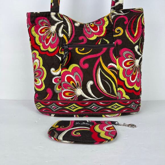 2 Piece Vera Bradley Retired Puccini Shopping Tote & Wallet Brown Yellow Red - Picture 2 of 14